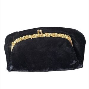 Vintage Black Velvet Clutch With Gold Tone Floral Kisslock Hardware